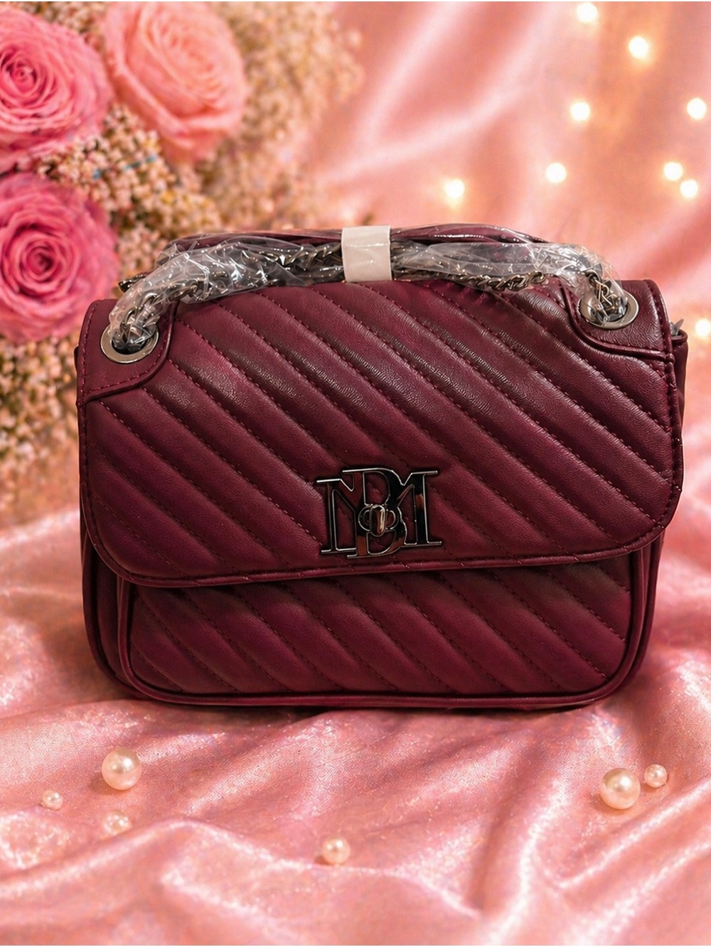 Quilted Burgundy Crossbody Bag with Chain Handle NWT